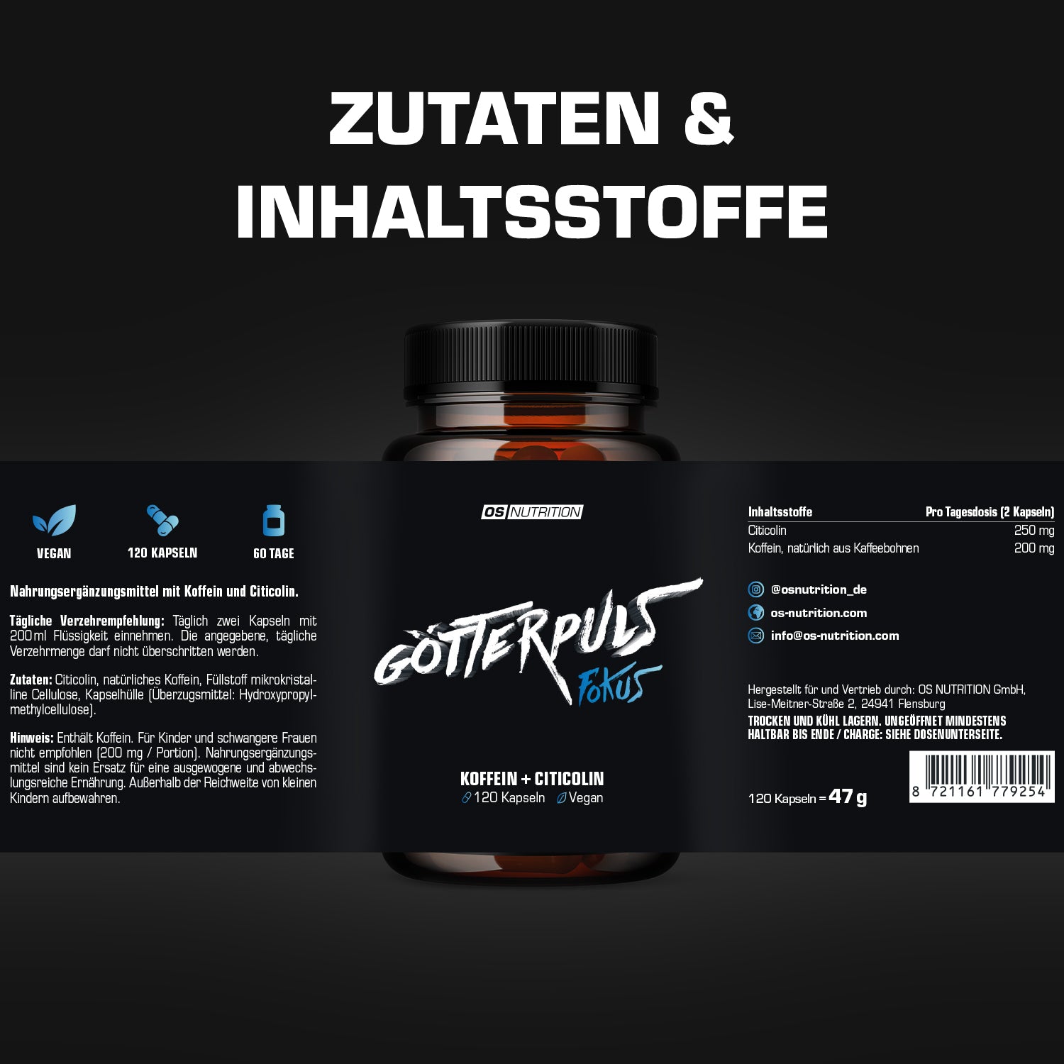 Götterpuls Fokus (Koffein + Citicolin) 120 Kapseln