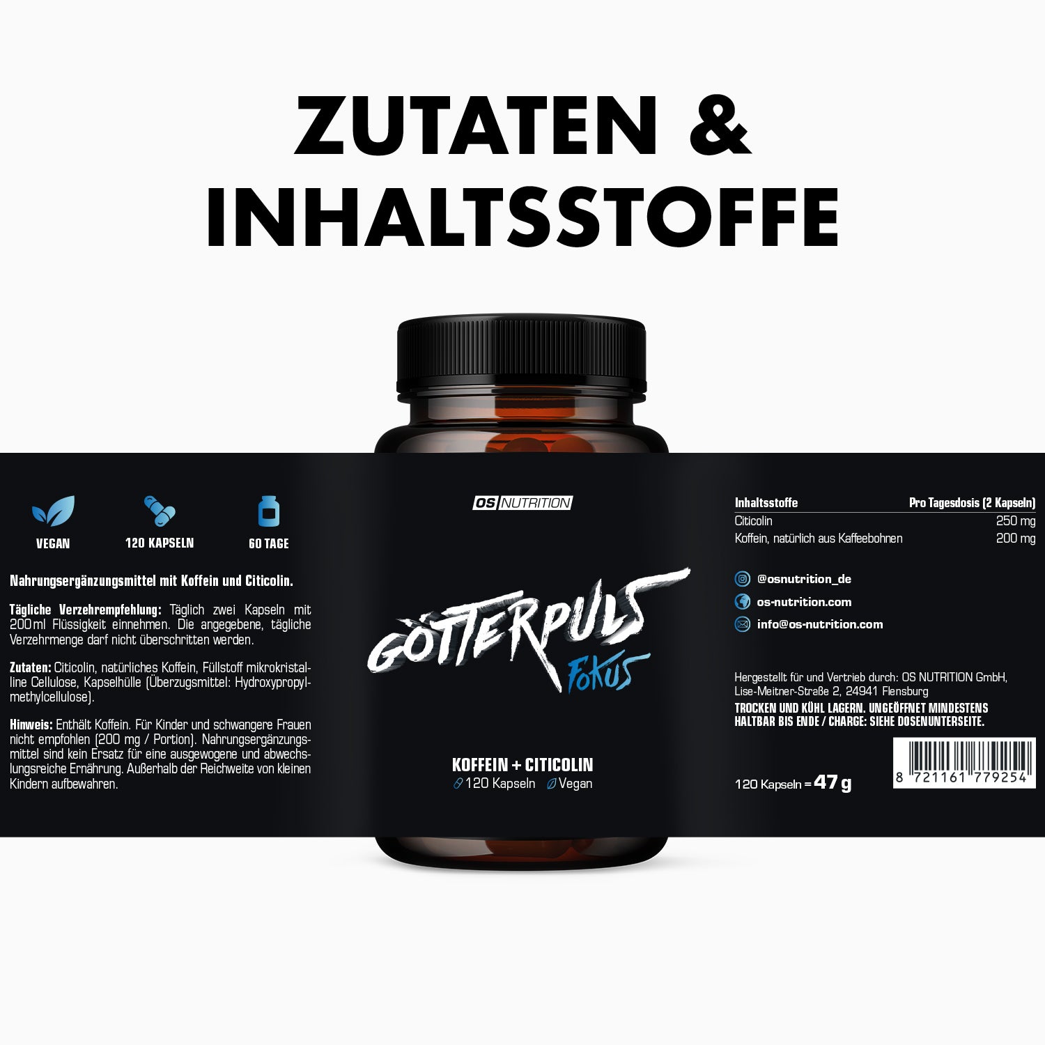 Götterpuls Fokus (Koffein + Citicolin) 120 Kapseln