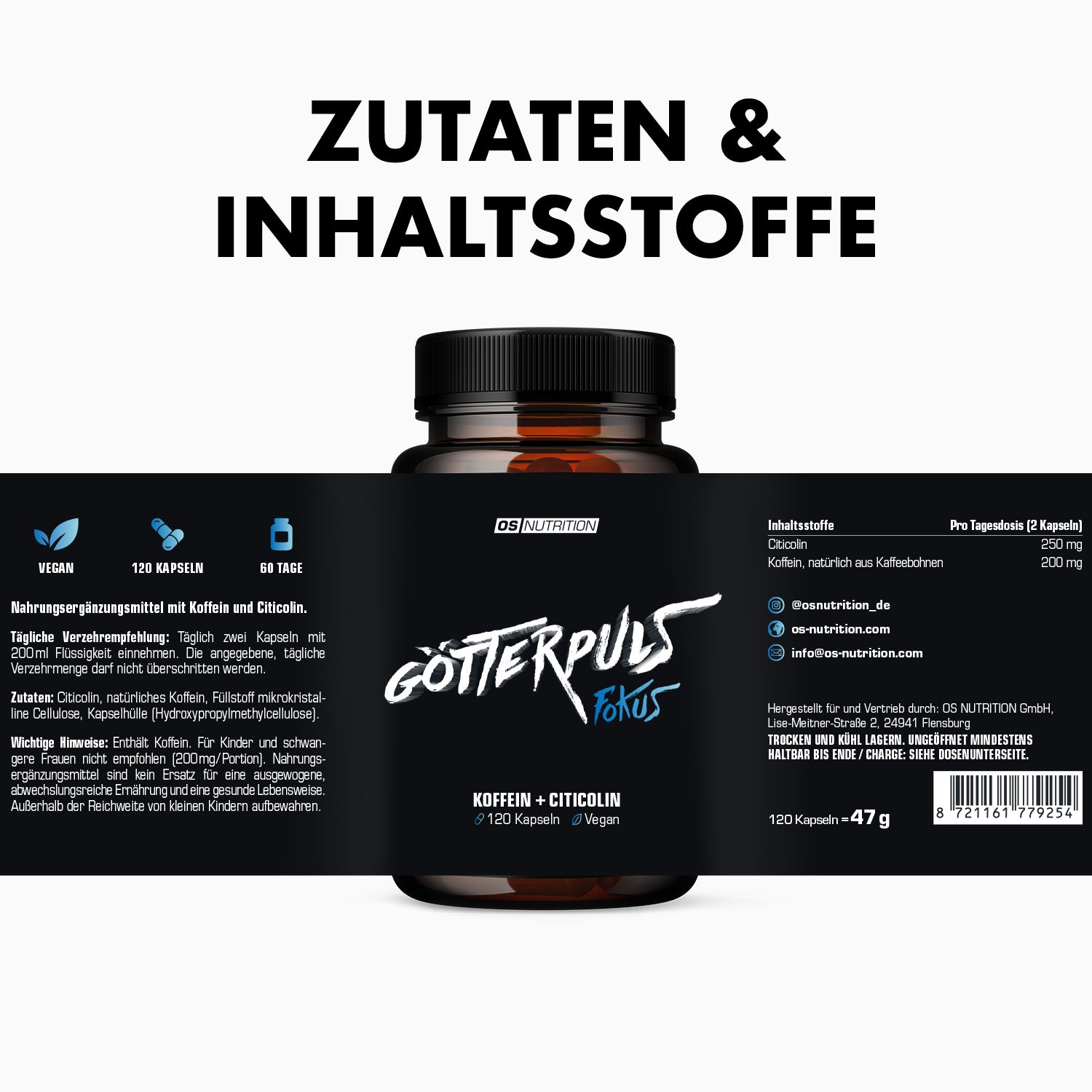 Götterpuls Fokus (Koffein + Citicolin) 120 Kapseln